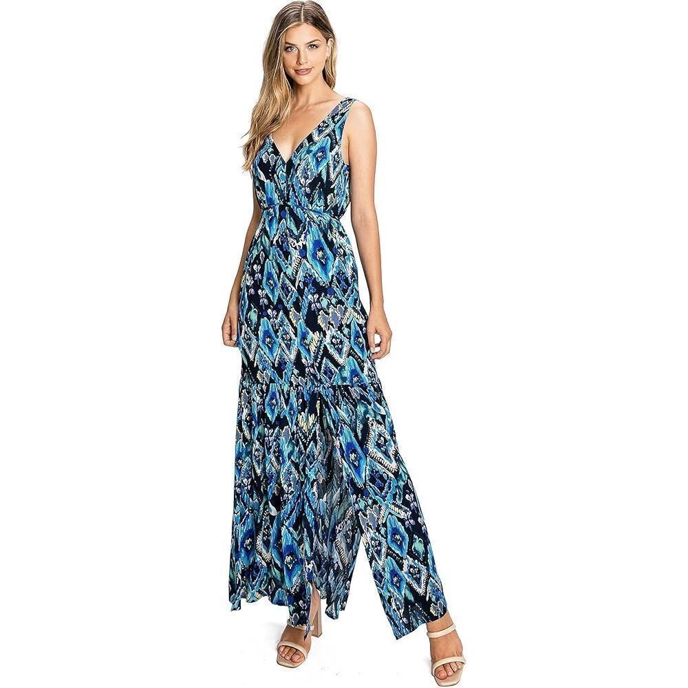 Lovestitch Boho Maxi Dress Medium Blue Deep V Neck Sleeveless NWT A-Line